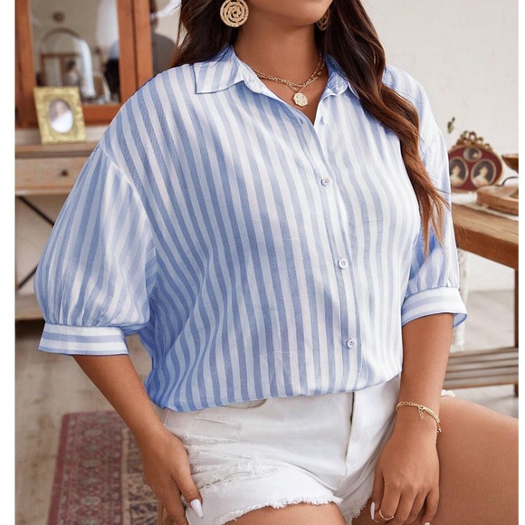 Plus Oversized Striped Button Down Boyfriend Shirt - Picture 2 of 7